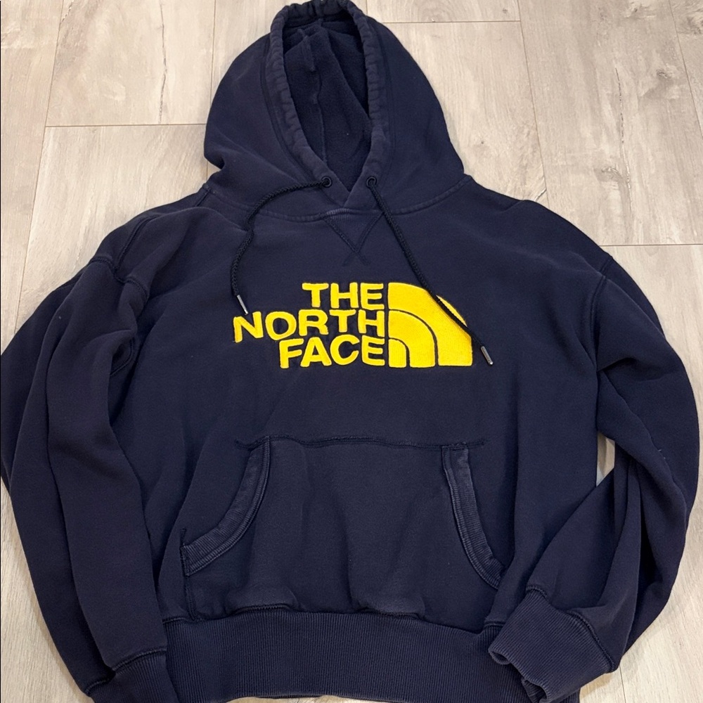 The North Face Men's Navy Hoodie with Yellow Logo